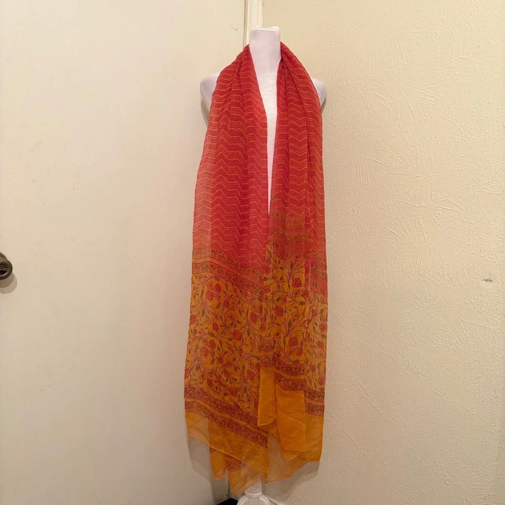 Oversized Floral Silk Chiffon Scarf Orange Red Sheer Wrap Shawl Boho Rustic Fall